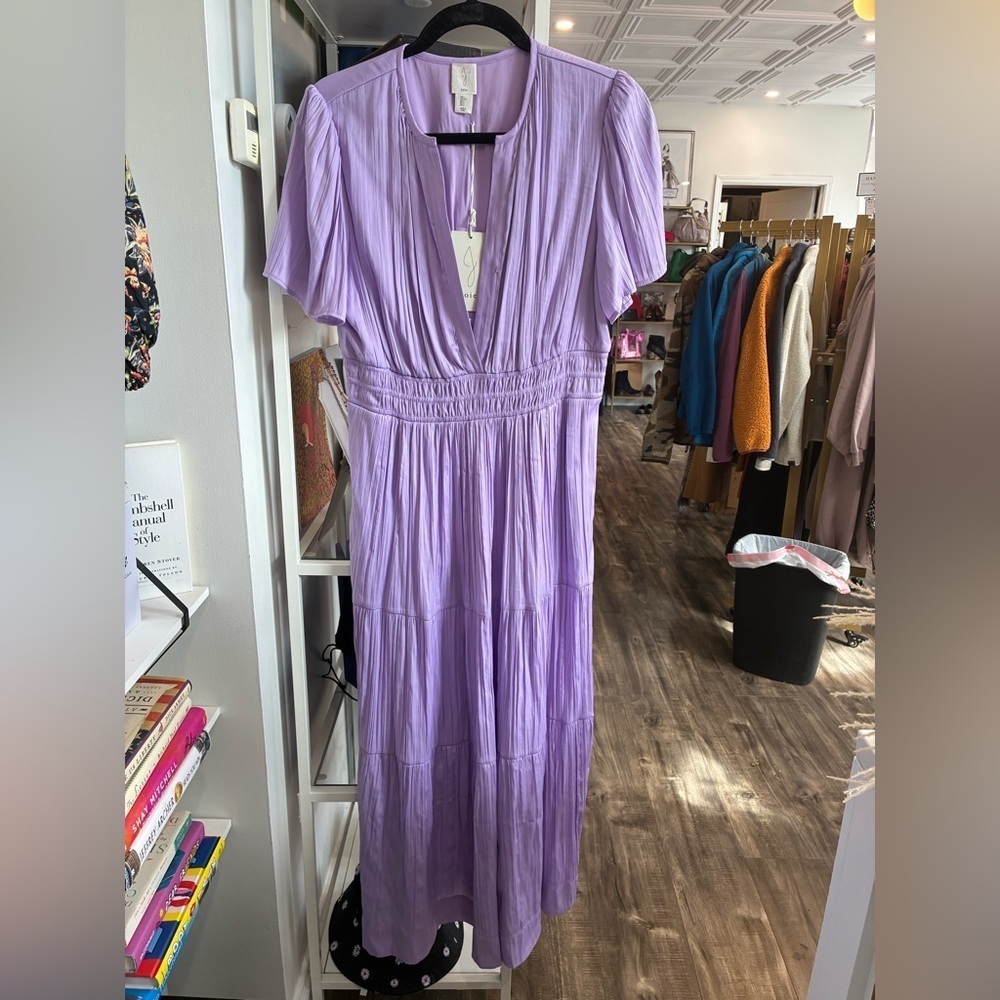 Joie lavender tiered smock waist maxi dress short sleeve size L NWT